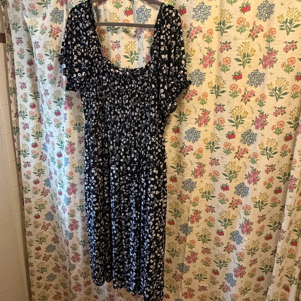 Serenity Black Floral Square-Neck Midi Dress